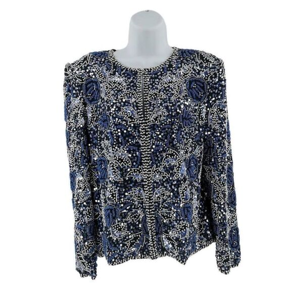 Vintage Chunky Beaded Blue and Silver Sequin Jacket | Floral Motif | Tag Size Me - Picture 1 of 3